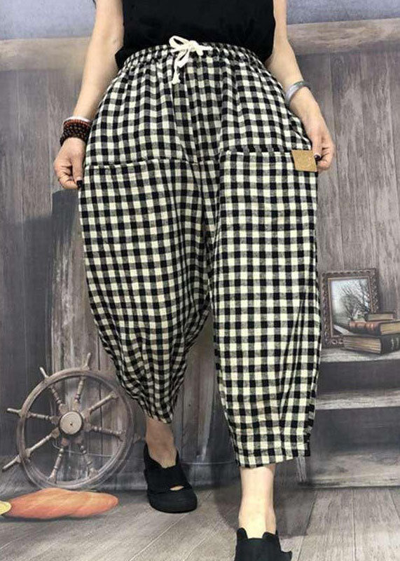 Simple Plaid Pocket Patchwork Cotton Crop Pants Summer