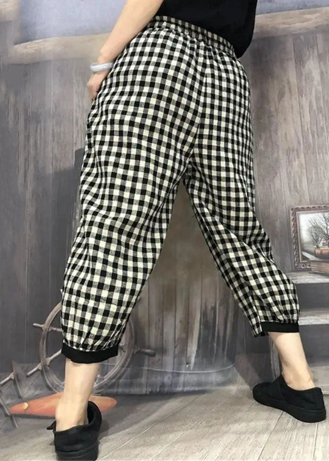 Simple Plaid Pocket Patchwork Cotton Crop Pants Summer