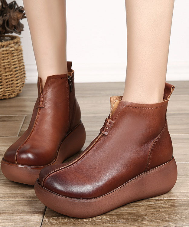 Simple Platform Boots Brown Cowhide Leather Zippered Ankle Boots