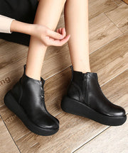 Simple Platform Boots Brown Cowhide Leather Zippered Ankle Boots