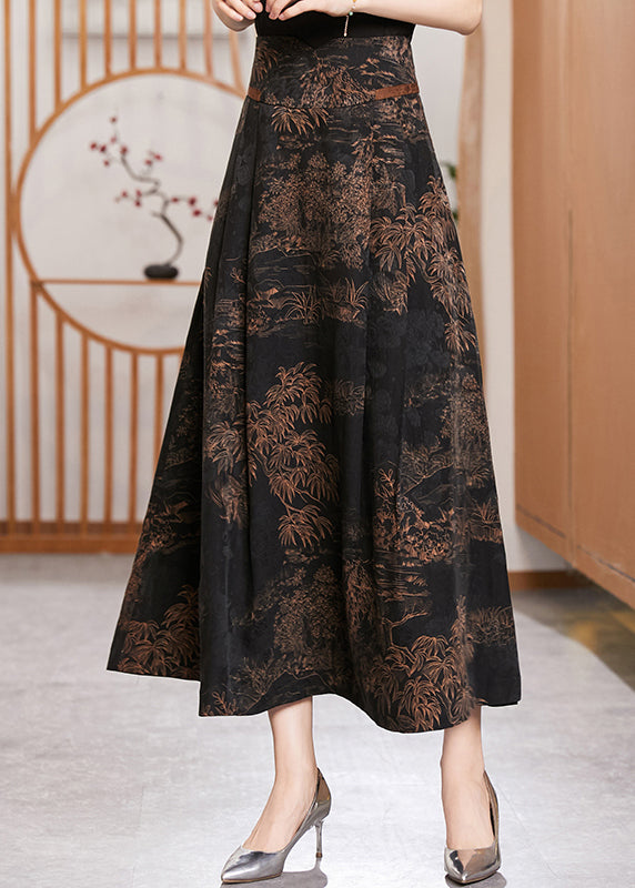 Simple Pockets Print High Waist Silk Maxi Skirt Fall