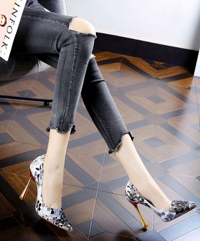 Simple Pointed Toe Stiletto High Heels Black Jacquard