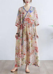 Simple Print V Neck Floral Summer Tie Waist Long Dresses Half Sleeve - bagstylebliss