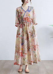 Simple Print V Neck Floral Summer Tie Waist Long Dresses Half Sleeve - bagstylebliss