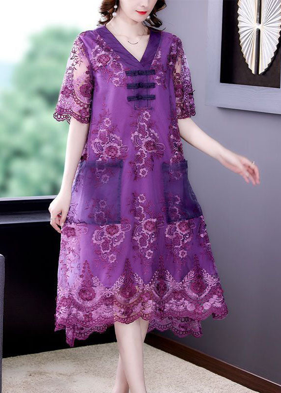 Simple Purple Embroideried Patchwork Lace Long Dresses Summer