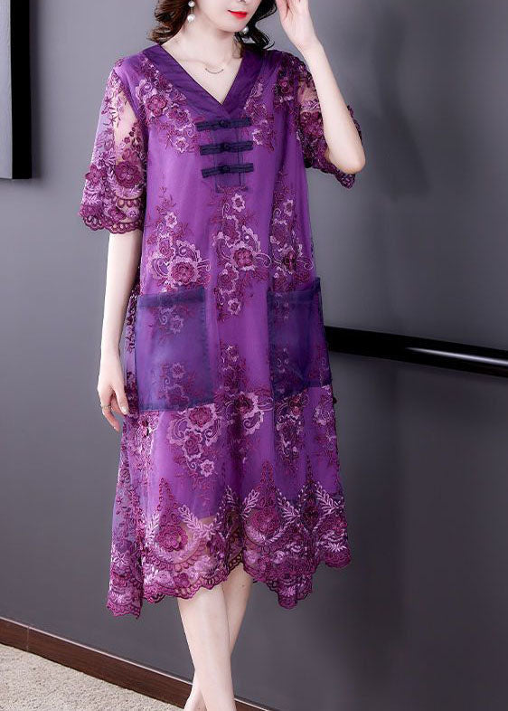 Simple Purple Embroideried Patchwork Lace Long Dresses Summer