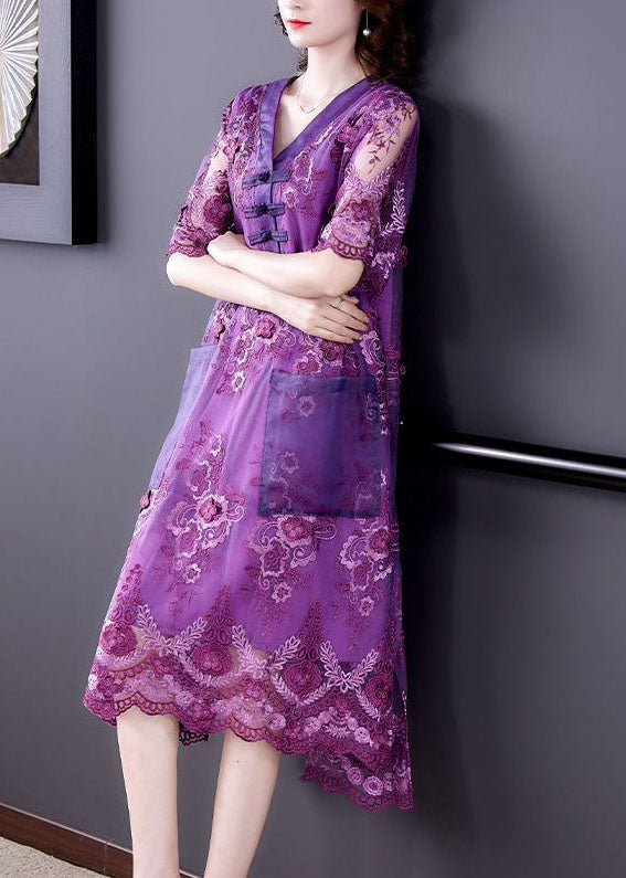 Simple Purple Embroideried Patchwork Lace Long Dresses Summer