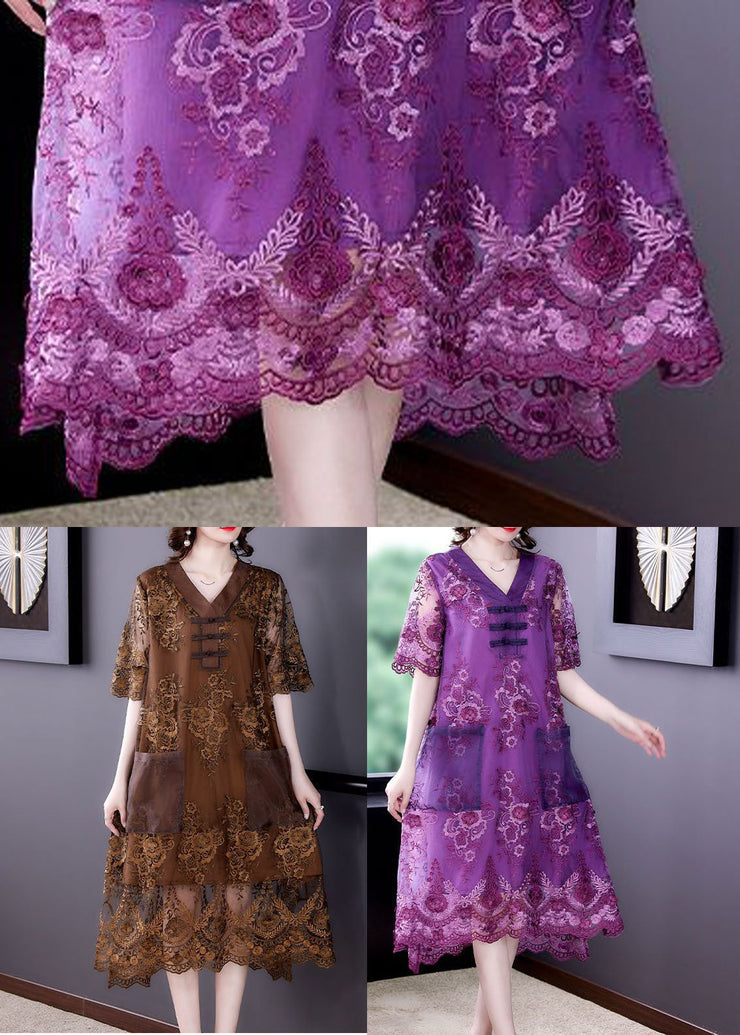 Simple Purple Embroideried Patchwork Lace Long Dresses Summer