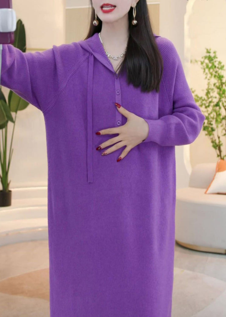 Simple Purple Hooded Button Solid Knit Sweater Dress Winter