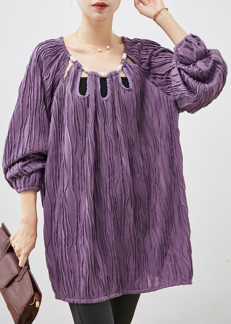 Simple Purple Nail Bead Hollow Out Cotton Shirt Spring