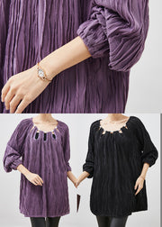 Simple Purple Nail Bead Hollow Out Cotton Shirt Spring