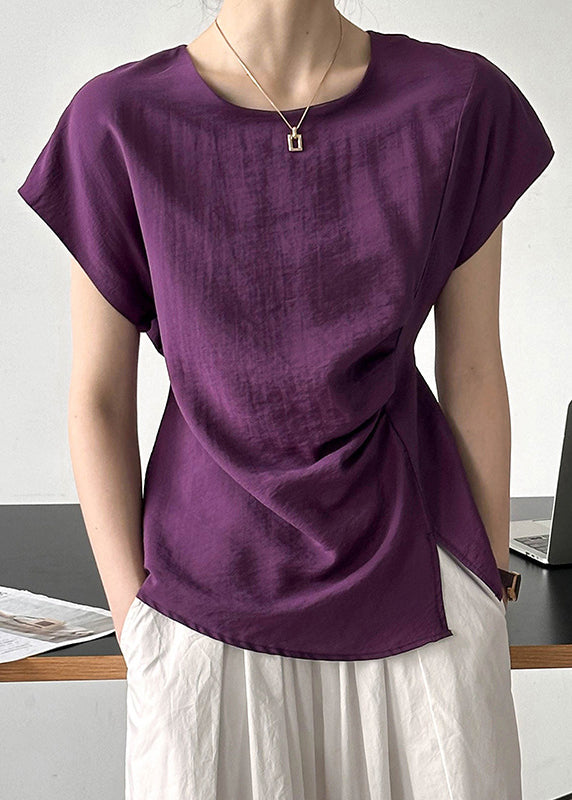 Simple Purple O Neck Front Open CottonTops Short Sleeve