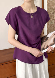 Simple Purple O Neck Front Open CottonTops Short Sleeve