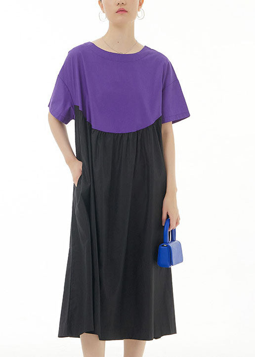 Simple Purple O Neck Wrinkled Patchwork Cotton Dresses Summer