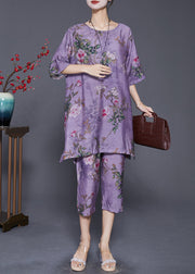 Simple Purple Oversized Print Linen Silk Two Pieces Set Summer