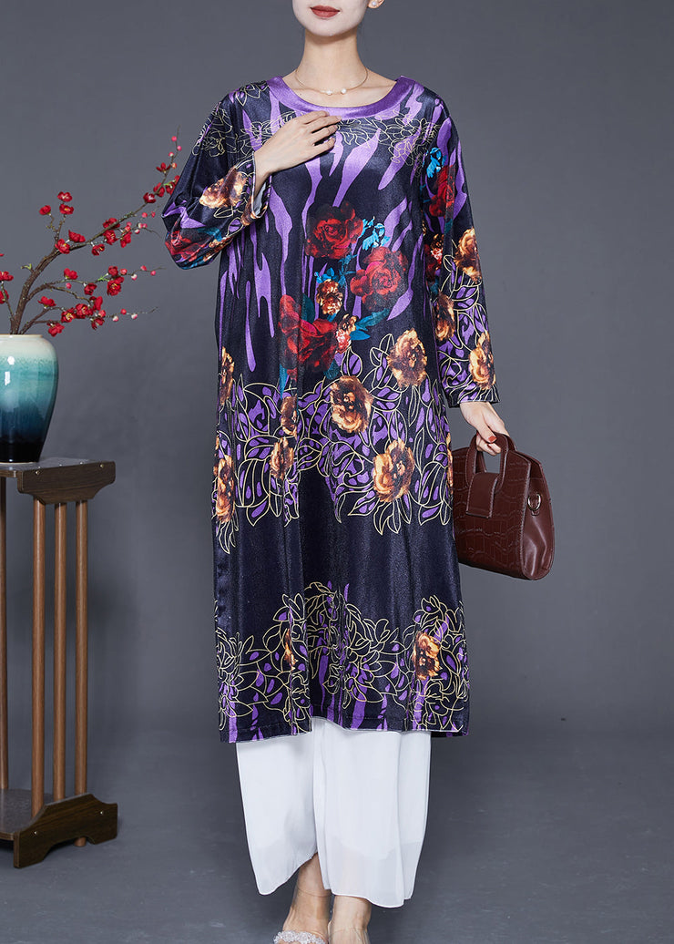 Simple Purple Oversized Print Silk Velour Holiday Dress Spring