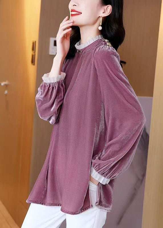 Simple Purple Ruffled Patchwork Velour Shirt Top Fall