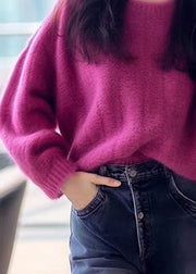 Simple Purple Solid O Neck Cozy Cotton Knit Sweaters Long Sleeve