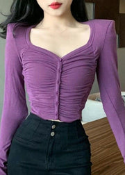 Simple Purple Square Collar Wrinkled Patchwork Slim Fit Cotton Top Spring