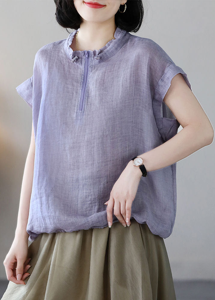 Simple Purple Stand Collar Zip Up Cotton Loose Sweatshirts Top Short Sleeve