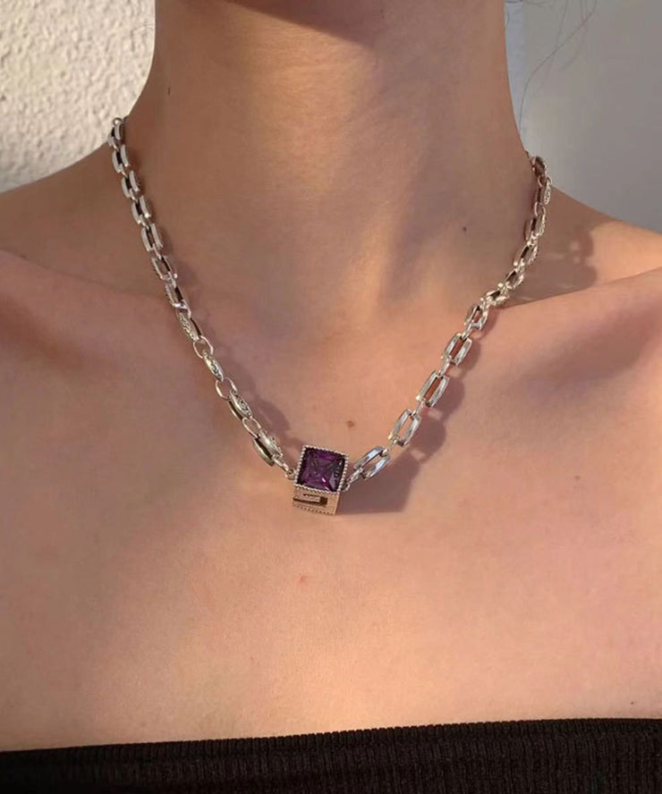 Simple Purple Sterling Silver Crystal Pendant Necklace