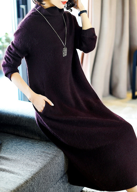 Simple Purple Turtleneck Pockets Cashmere Long Dresses Long Sleeve