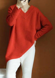 Simple Red Asymmetrical Solid Knit Top Long Sleeve