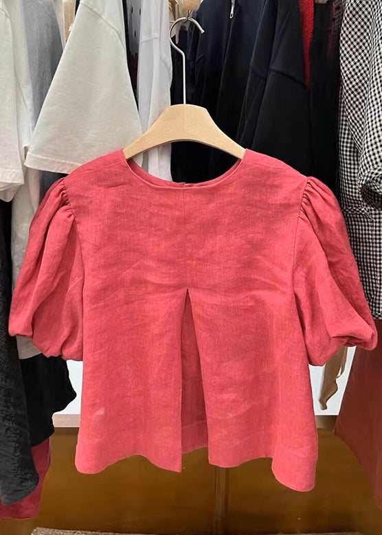 Simple Red Button O-Neck Patchwork Cotton Shirts Puff Sleeve