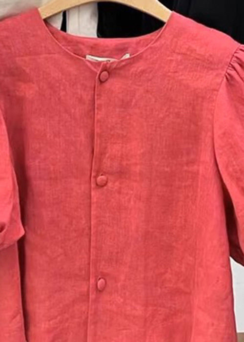 Simple Red Button O-Neck Patchwork Cotton Shirts Puff Sleeve