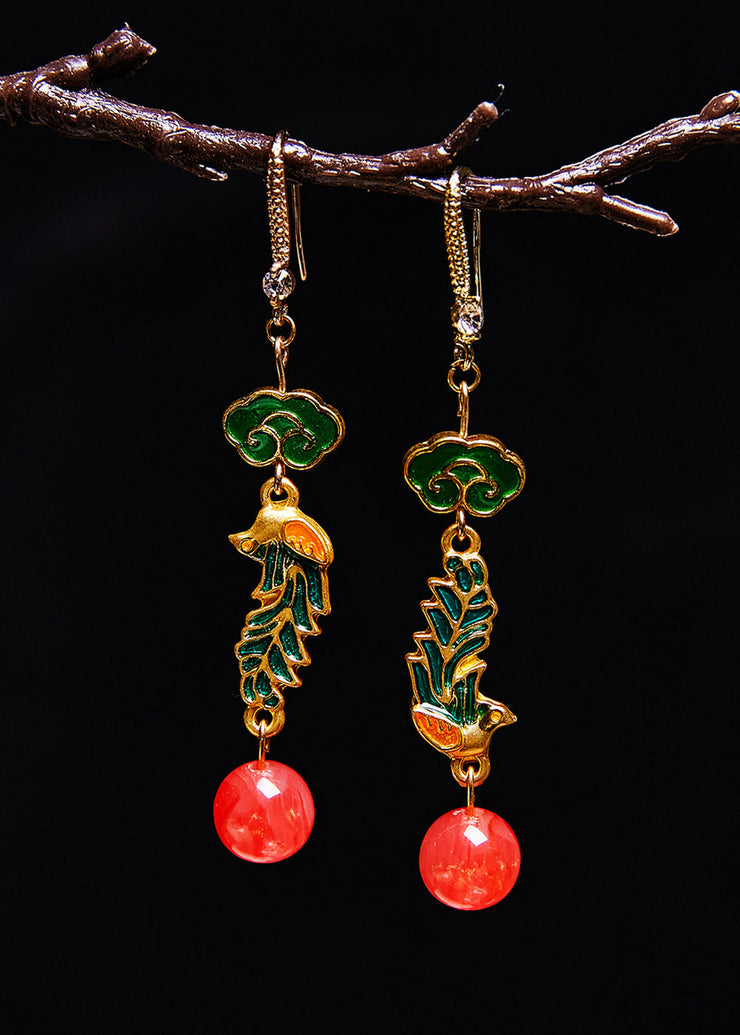 Simple Red Gem Stone Phoenix Gilding Drop Earrings