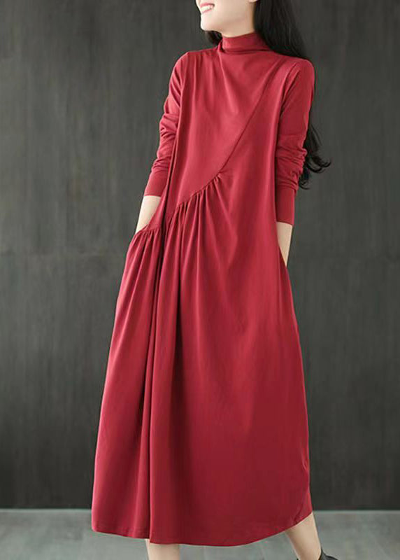 Simple Red Hign Neck Wrinkled Patchwork Cotton Long Dresses Fall