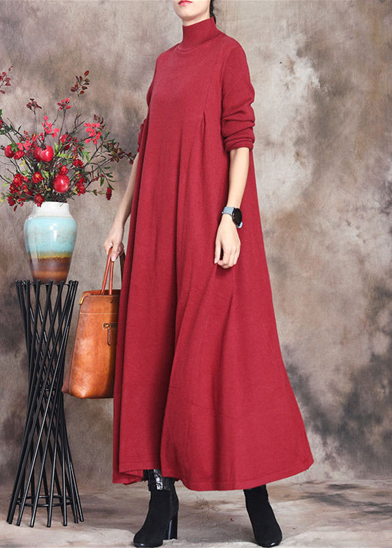 Simple Red Turtleneck Patchwork Knit Cotton Maxi Dress Long Sleeve