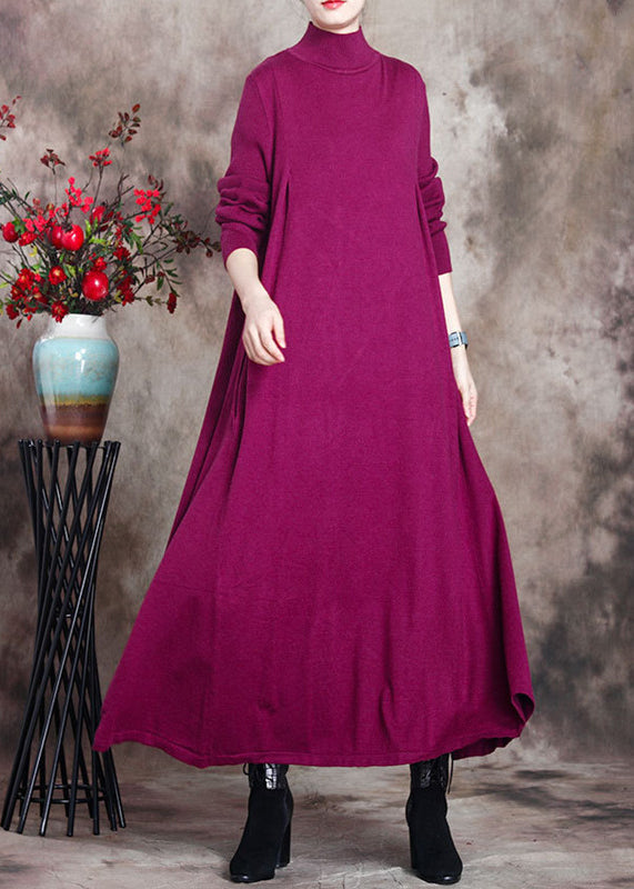 Simple Red Turtleneck Patchwork Knit Cotton Maxi Dress Long Sleeve