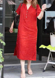 Simple Red V Neck Patchwork Side Open Long Dresses Summer
