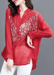 Simple Red V Neck Print Zircon Patchwork Chiffon Shirt Top Long Sleeve