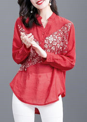 Simple Red V Neck Print Zircon Patchwork Chiffon Shirt Top Long Sleeve