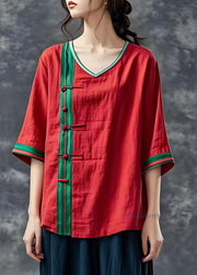 Simple Red V Neck Striped Patchwork Tops Summer