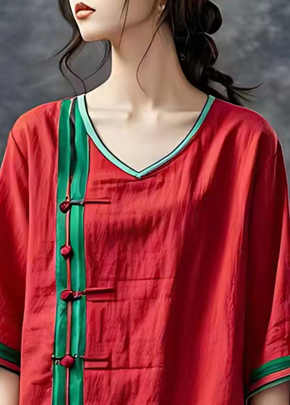 Simple Red V Neck Striped Patchwork Tops Summer