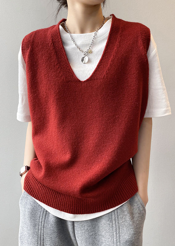 Simple Red V Neck Versatile Knit Vest Sleeveless