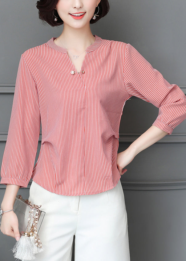 Simple Red V Neck Wrinkled Striped Chiffon Blouse Top Bracelet Sleeve