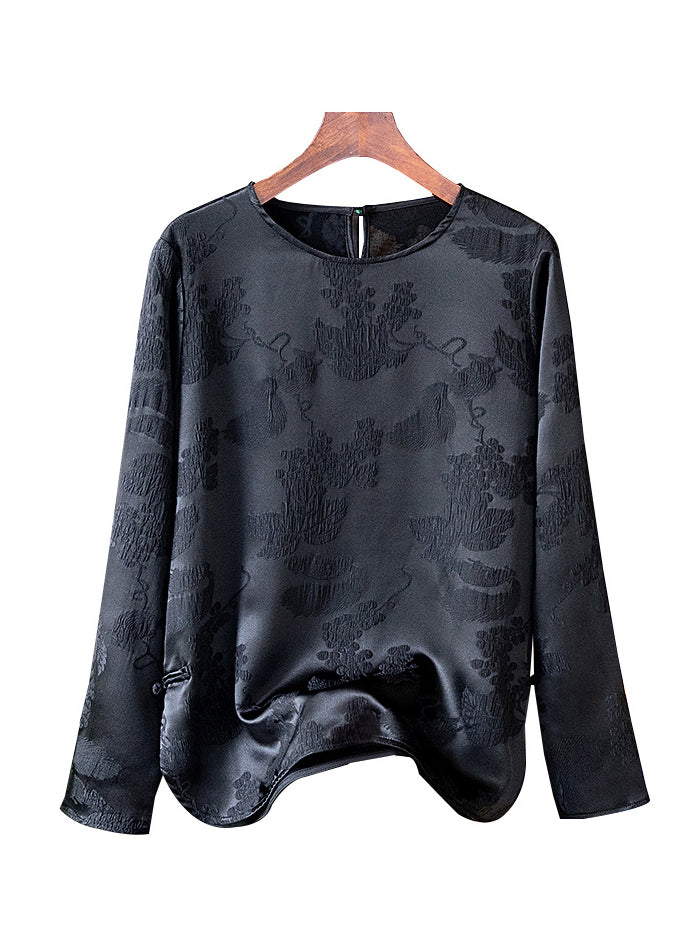 Simple Retro Black O Neck Jacquard Silk Shirt Top Fall