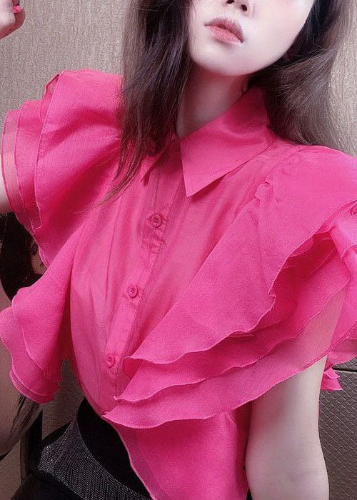 Simple Rose Peter Pan Collar Ruffled Patchwork Silk Shirt Top Summer