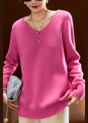 Simple Rose V Neck Cozy Wool Sweaters Long Sleeve