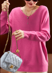 Simple Rose V Neck Cozy Wool Sweaters Long Sleeve