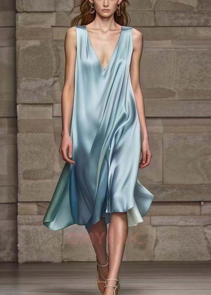 Simple Sea Blue V Neck Draping Silk Dresses Summer