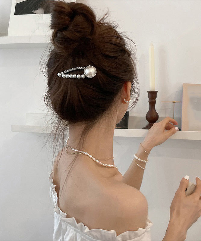 Simple Silk Alloy Pearl Love Chain Hairpin