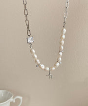 Simple Silk Stainless Steel Zircon Pearl Star Lariat Necklace