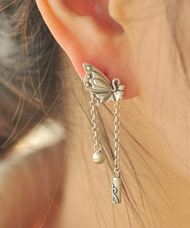 Simple Silk Sterling Silver Butterfly Tassel Xiangyun Drop Earrings