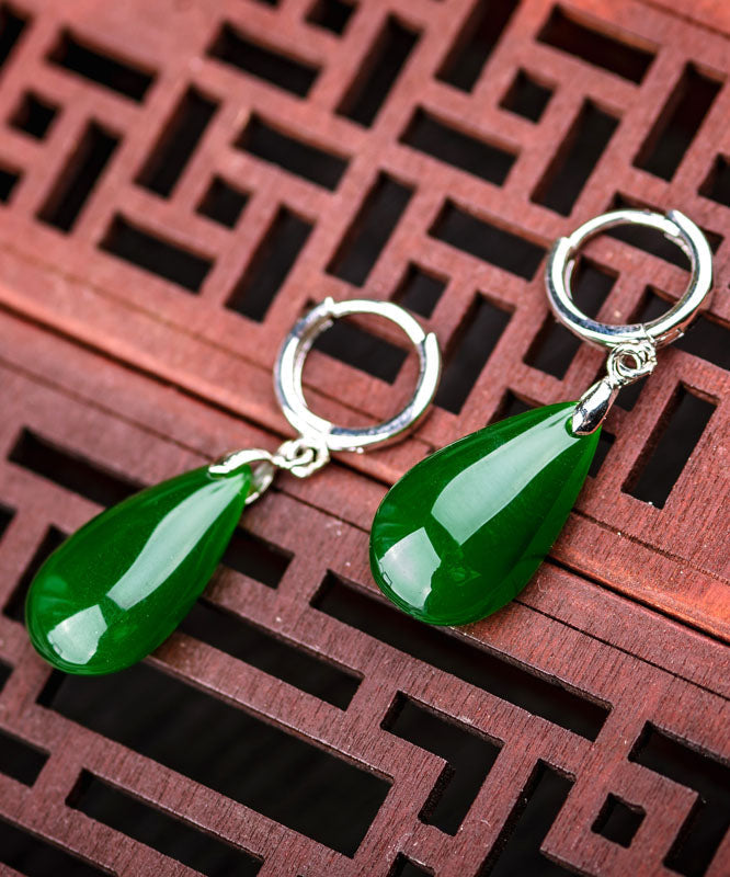 Simple Silk Sterling Silver Jade Water Drop Drop Earrings