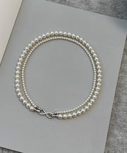 Simple Silk Sterling Silver Round Pearl Sweater Graduated Bead Necklace